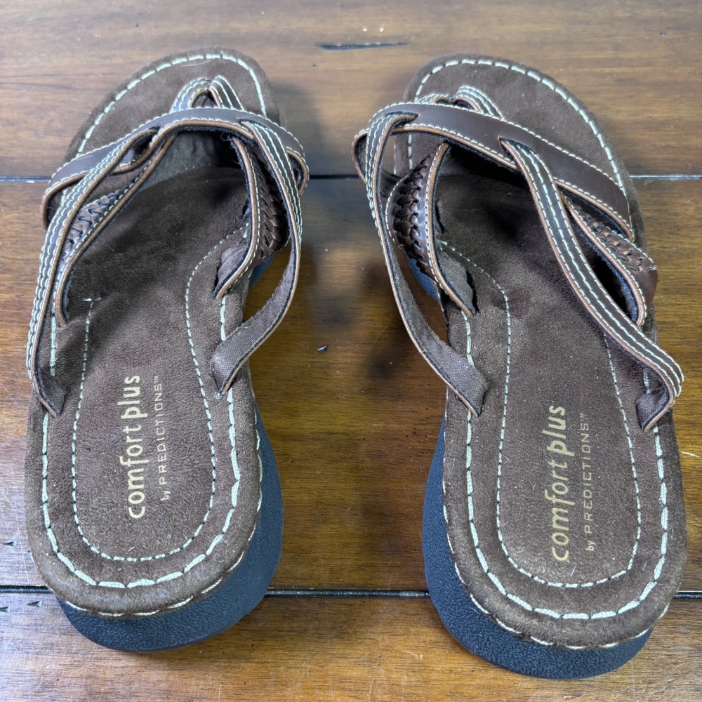 Comfort Plus by Predictions Thong Wedge Sandals Womens 11W Brown Strappy Casual